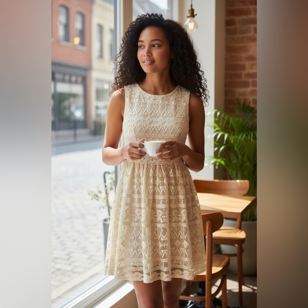 Serginneti pale peach summer tea dress, fully lined w a stiff tulle lace overlay